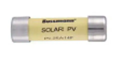 Zylindrische Sicherung der Marke Bussmann "SOLAR PV" mit silbernen Endkappen.